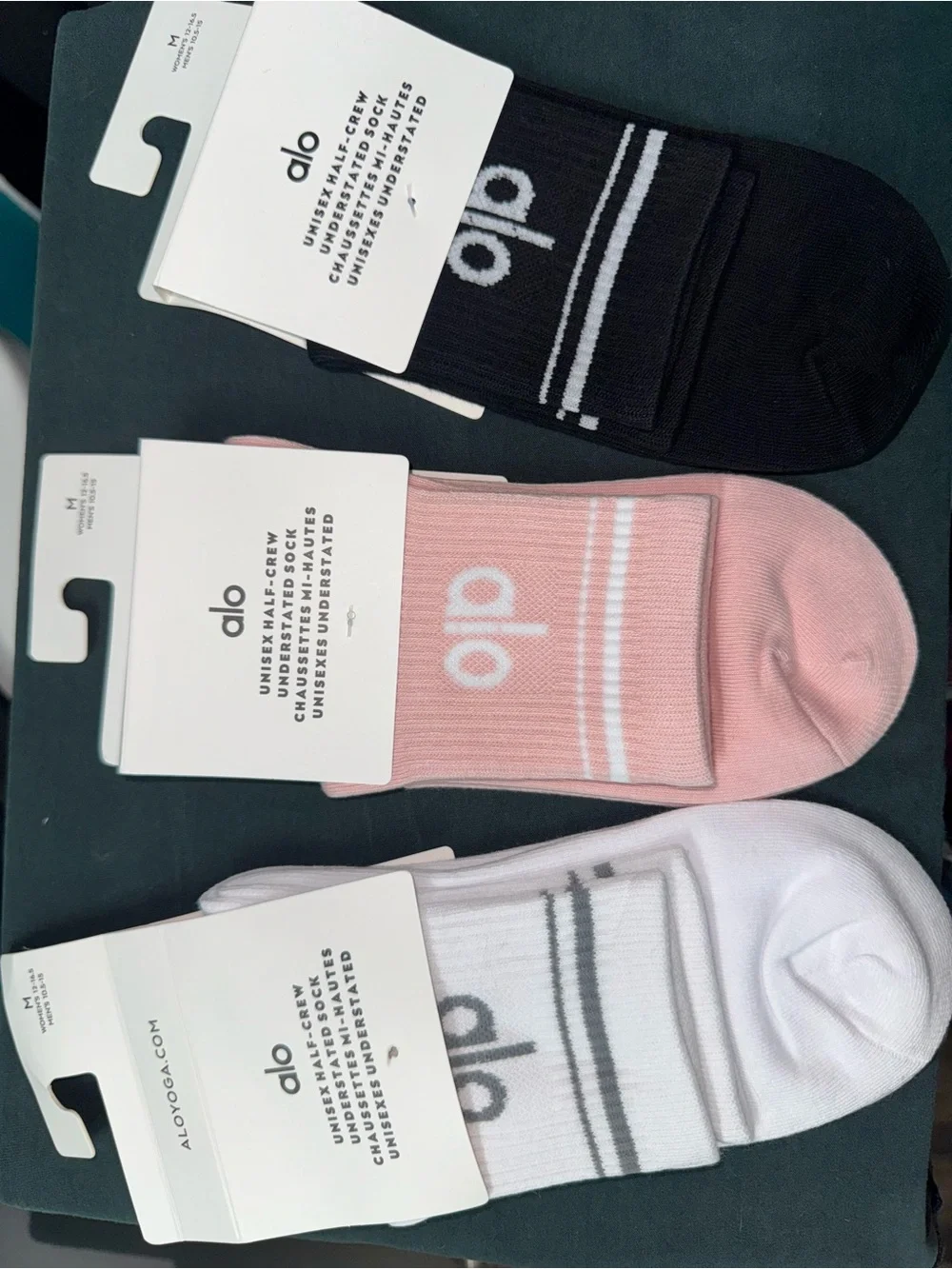 Alo Yoga Unisex Half Crew Socks 3 Pair Bundle White Pink Black Size M